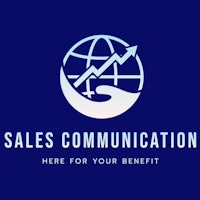 sales communication logo with an arrow on a blue background